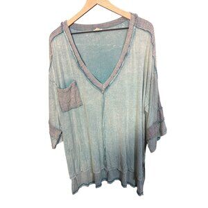 POL M Womens Oversize Fit V-Neck Top With Patchwork Detail